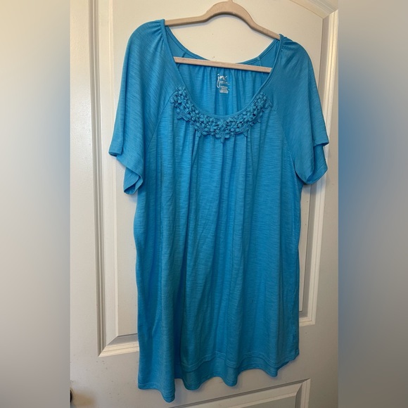 Just My Size Tops - JMS Light Blue Top with crochet neckline detail